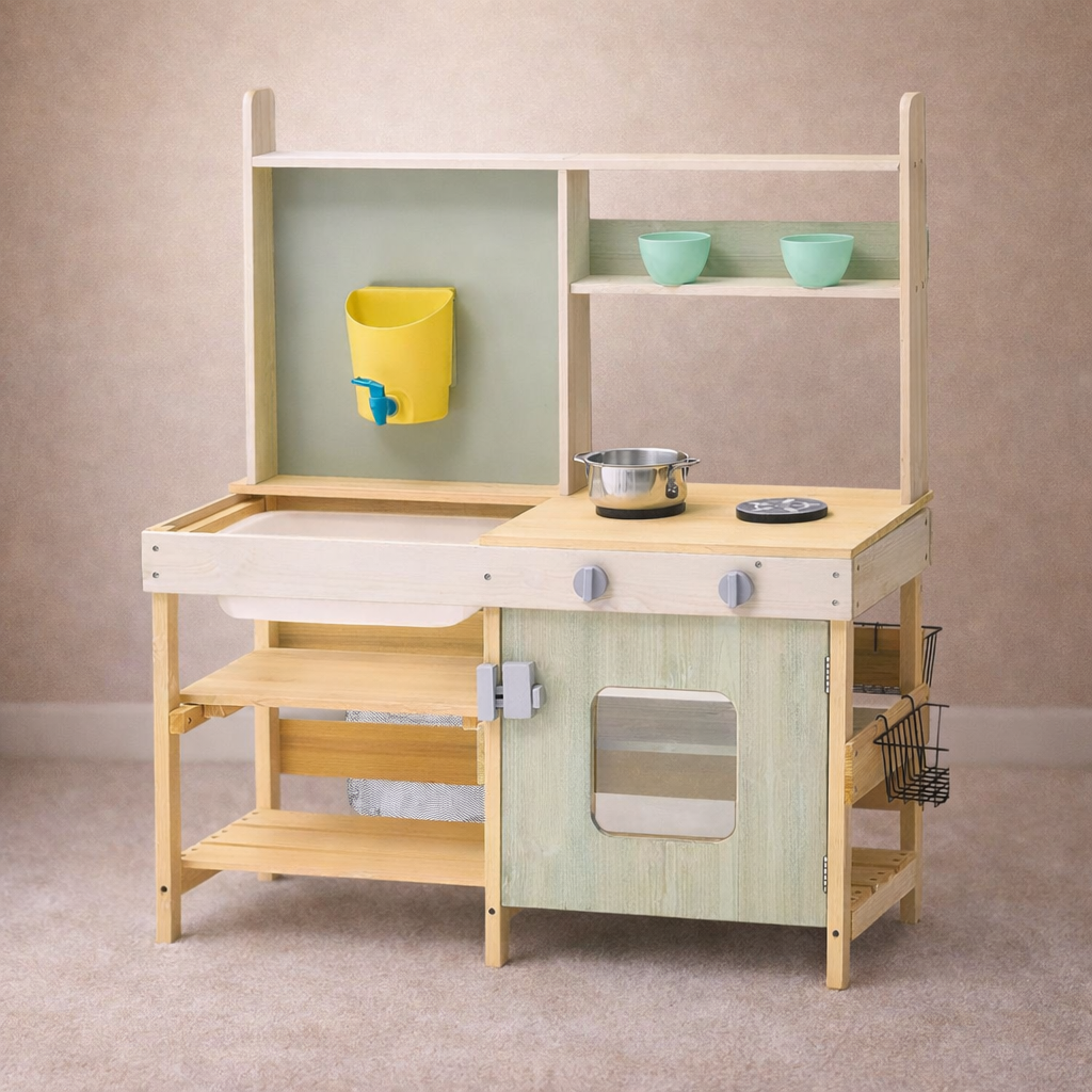 Children's play kitchen set with shelves and toy utensils on a neutral background