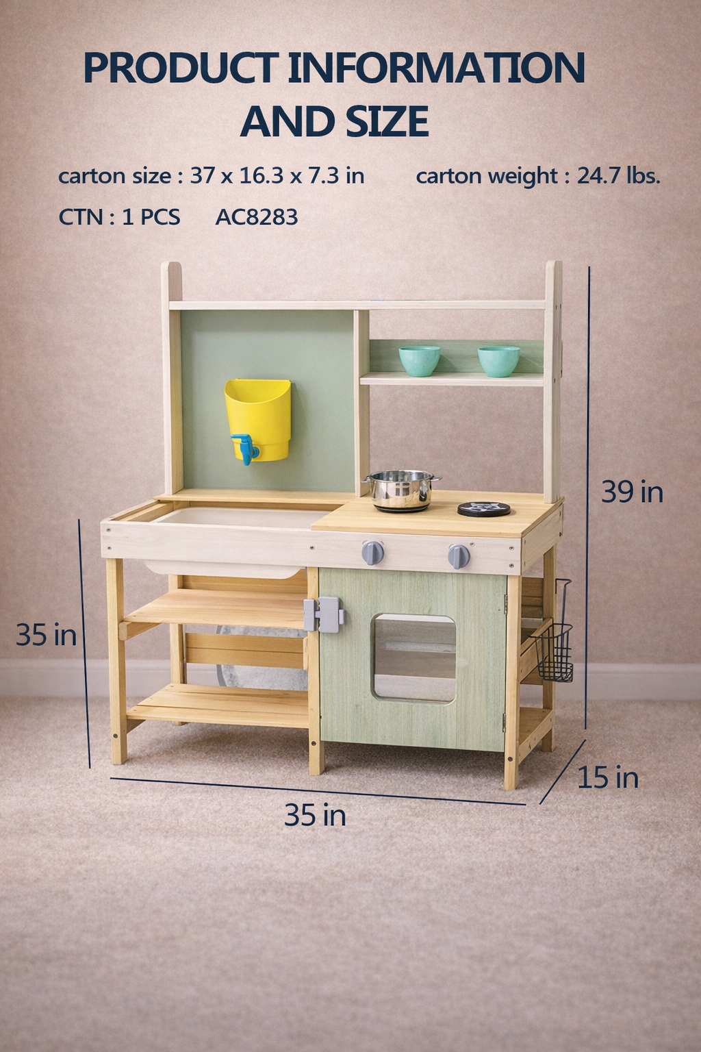 Wooden play kitchen set with measurements on a neutral background