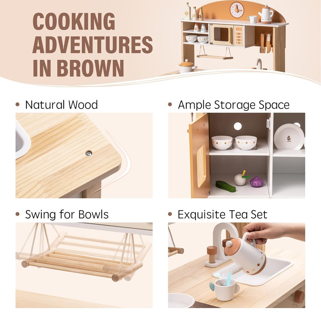 Children's wooden play kitchen set with natural wood finish, storage space, and tea set.