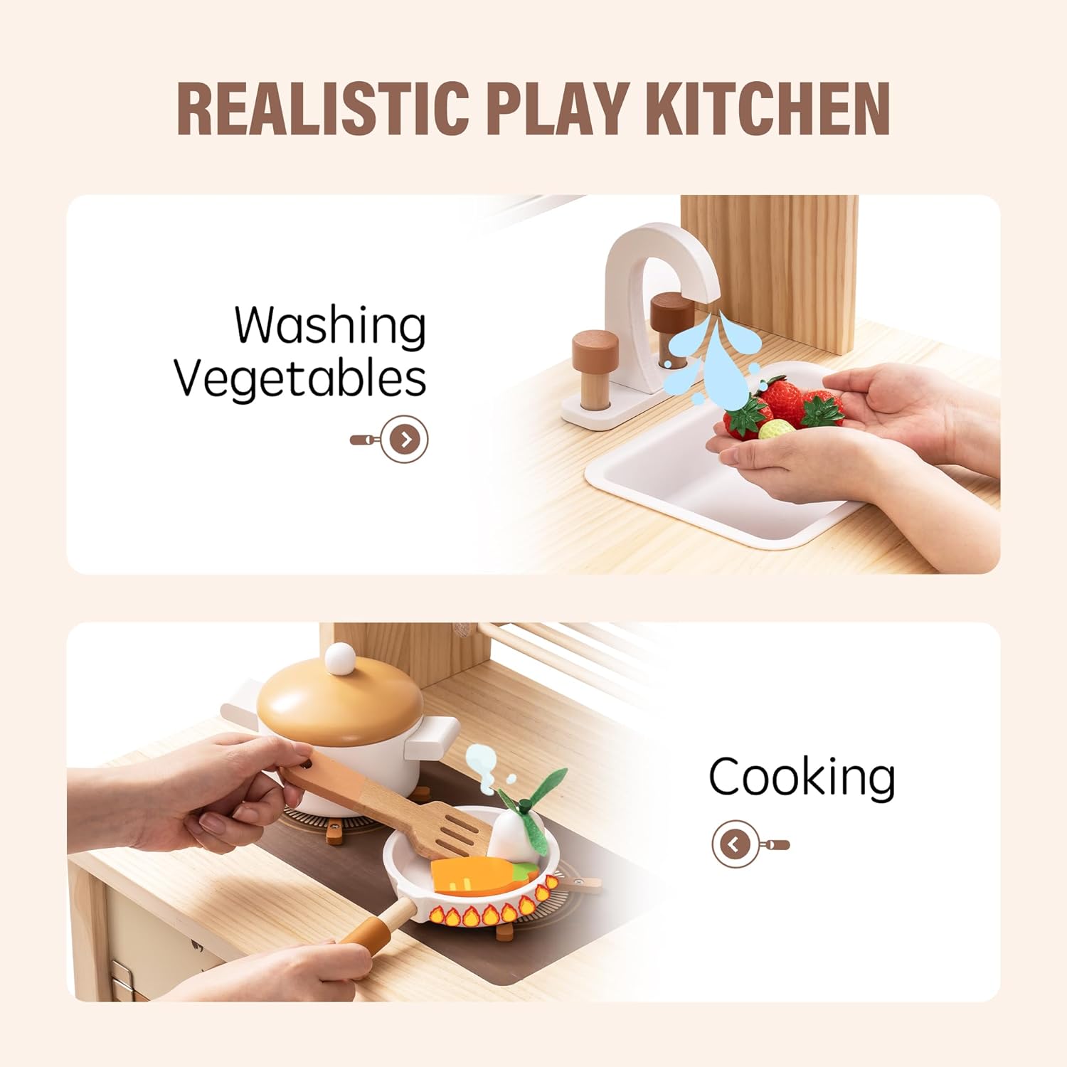 Realistic play kitchen set with toy vegetables, sink, and cooking utensils on a beige background.