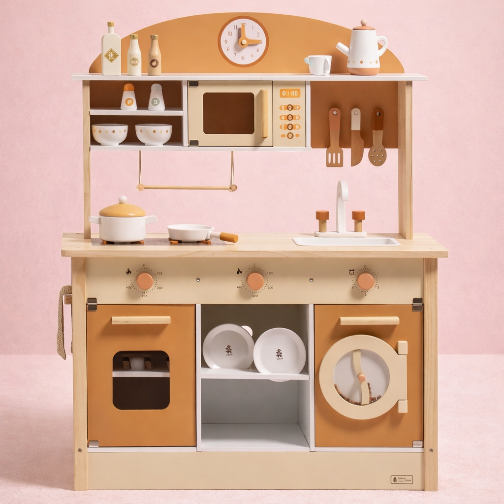 Children's wooden play kitchen set with various accessories on a pink background