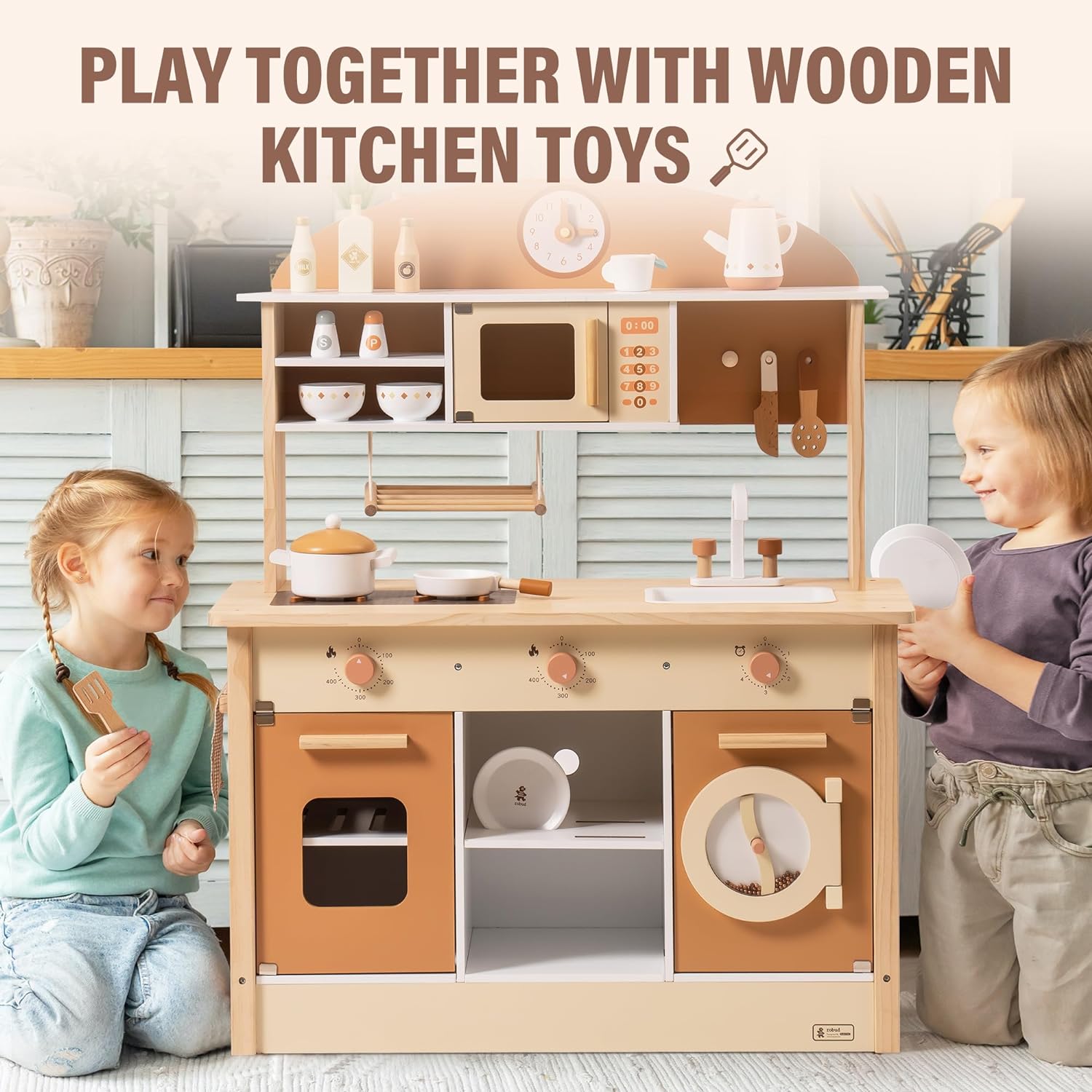 Children playing with a wooden kitchen toy set in a room.