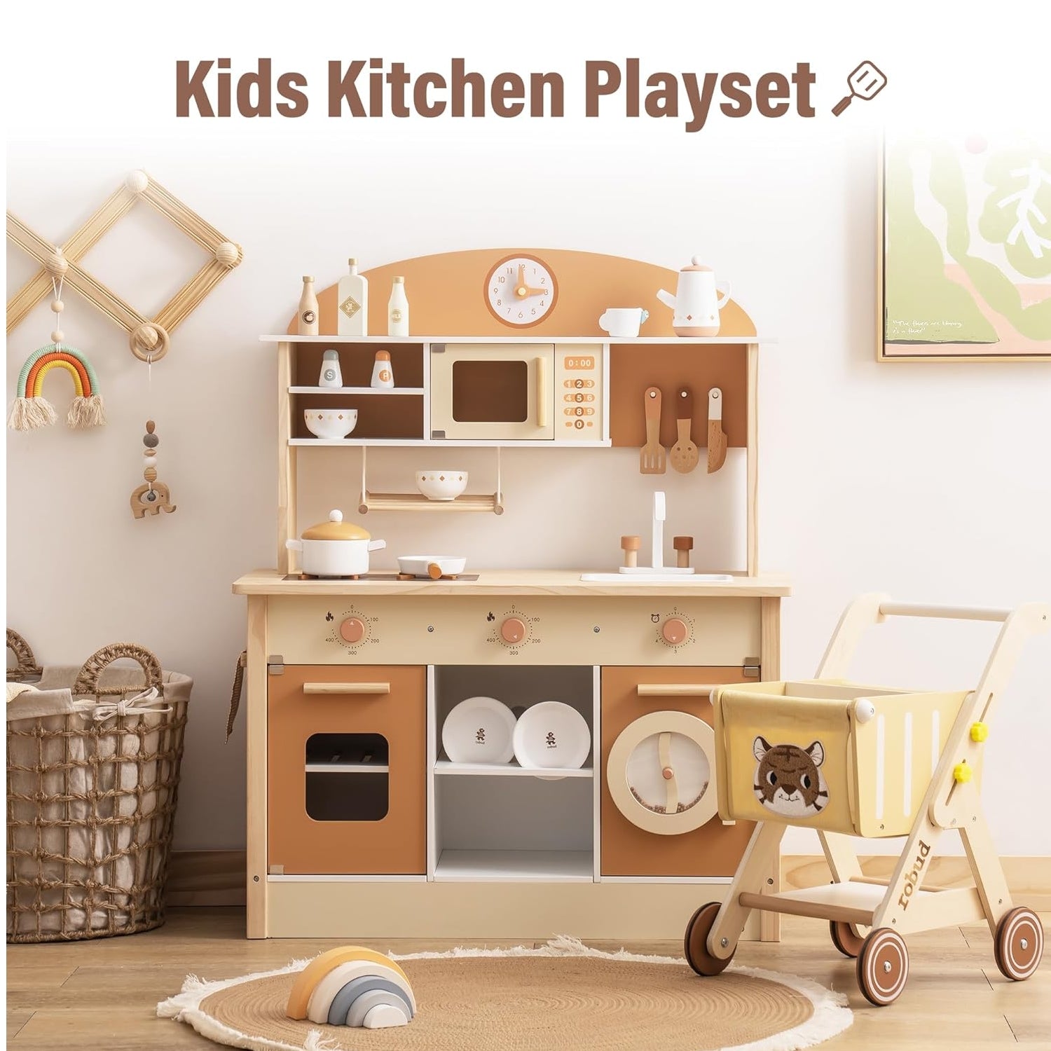Wooden kids' kitchen playset with various accessories in a room setting.