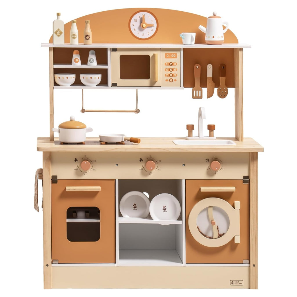 Wooden toy kitchen set with various accessories on a white background