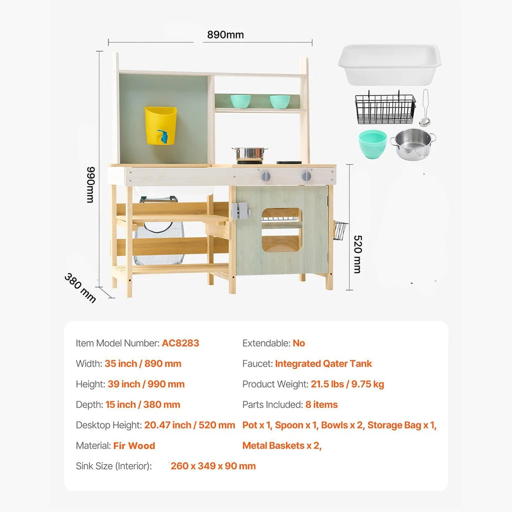 Children's play kitchen set with dimensions and specifications on a white background