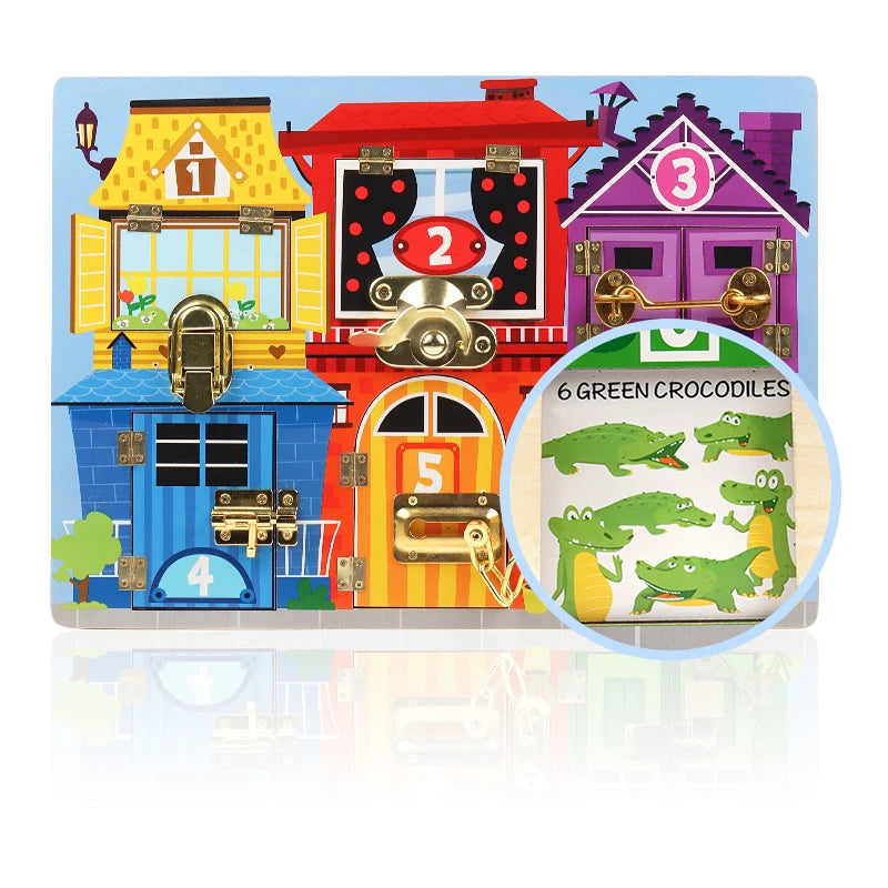 Colorful toy town with numbered houses and a inset of green crocodiles.