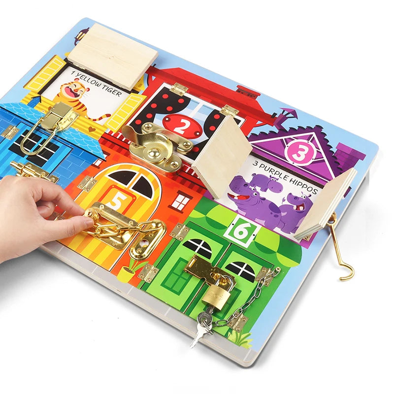 Colorful children's educational toy with locks and number cards on a white background