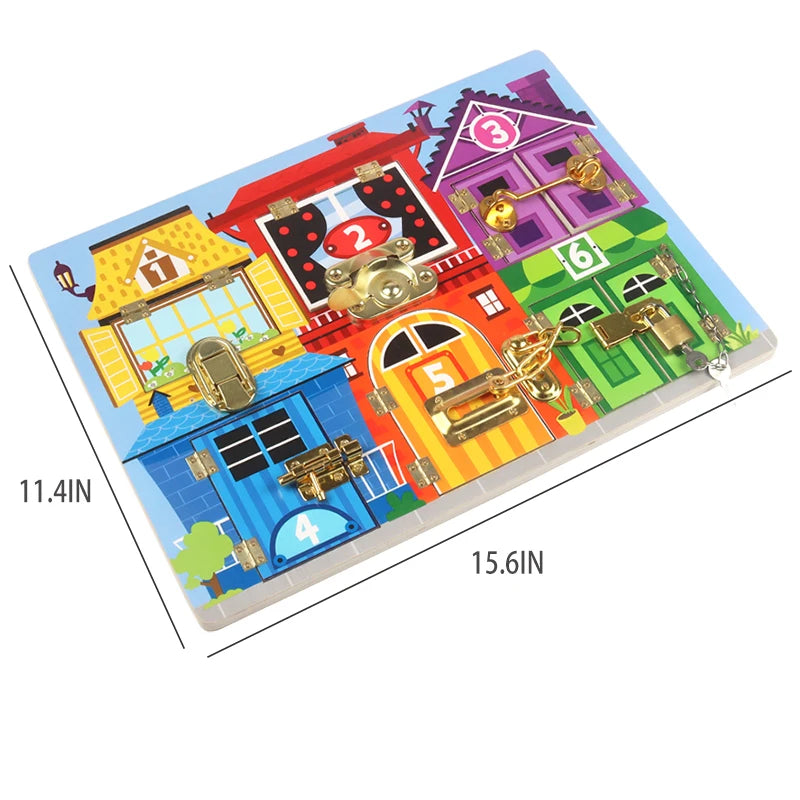 Colorful children's puzzle with houses and locks, showing dimensions on a white background.