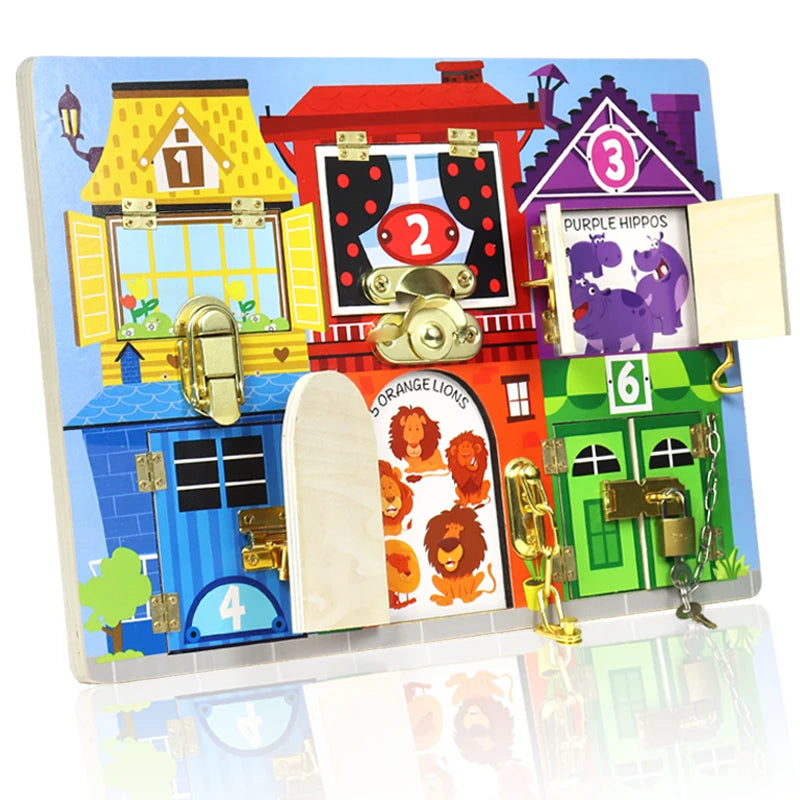 Colorful children's doorbell set with cartoon houses and animals on a white background