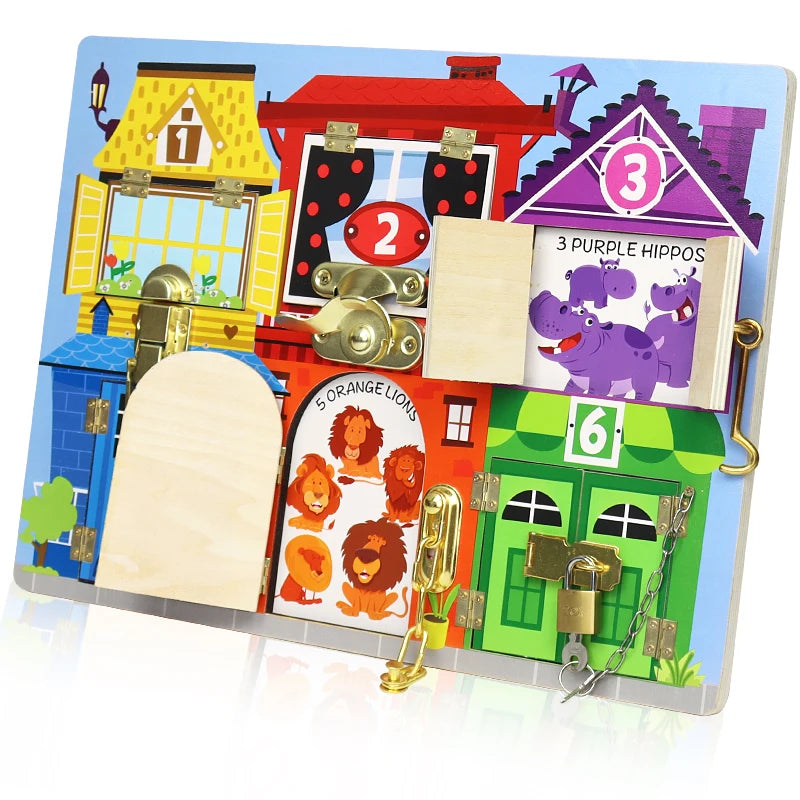 Colorful children's puzzle with locks and doors on a white background