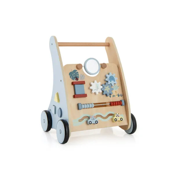 Wooden activity walker with various educational elements on a white background