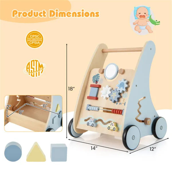 Wooden educational toy with dimensions and safety certification logos on a beige background