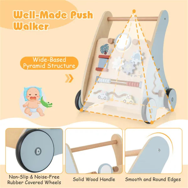 Wooden push walker with features highlighted on a beige background