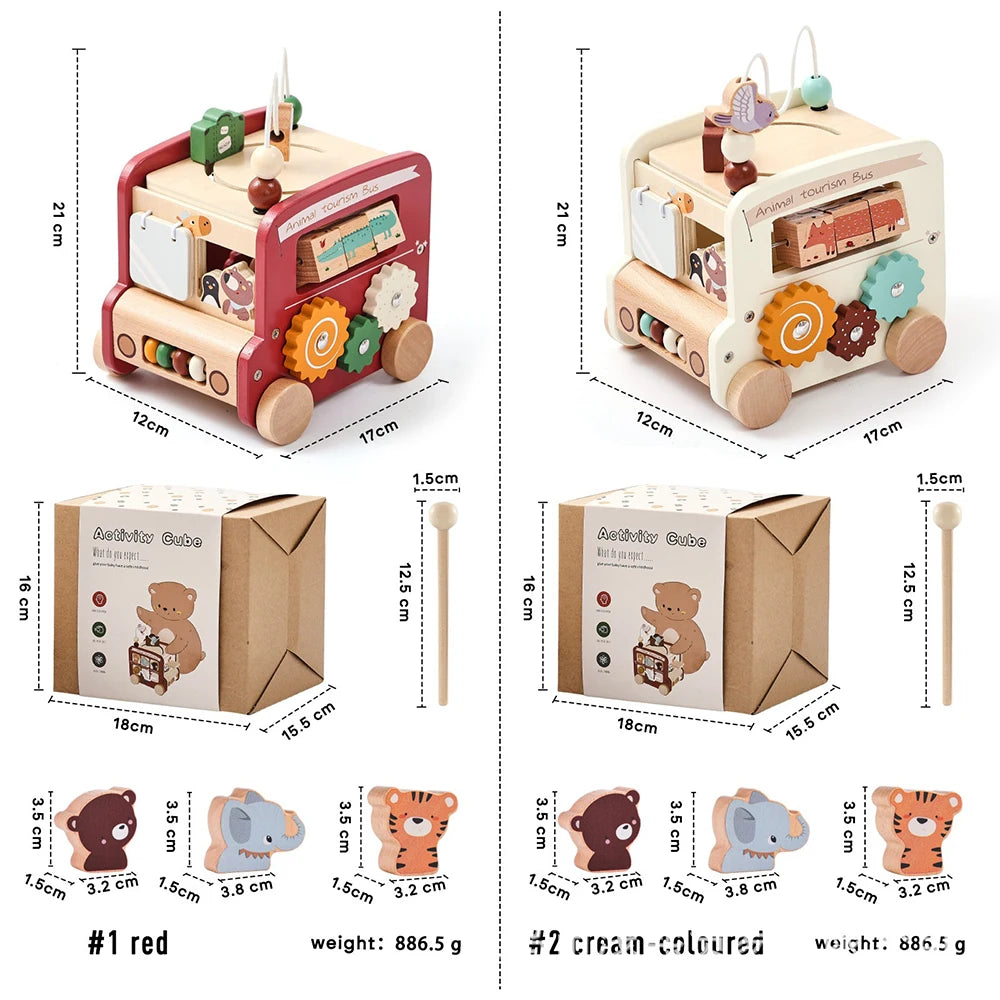 Wooden toy truck with measurements and packaging details on a white background