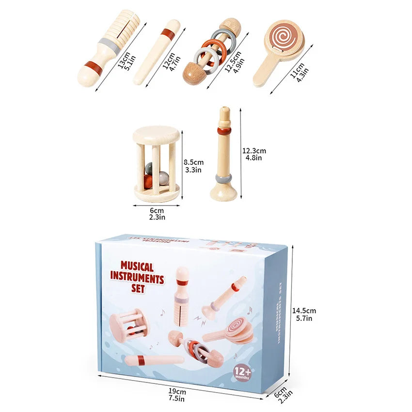 Set of wooden musical instruments with measurements and a packaging box on a white background