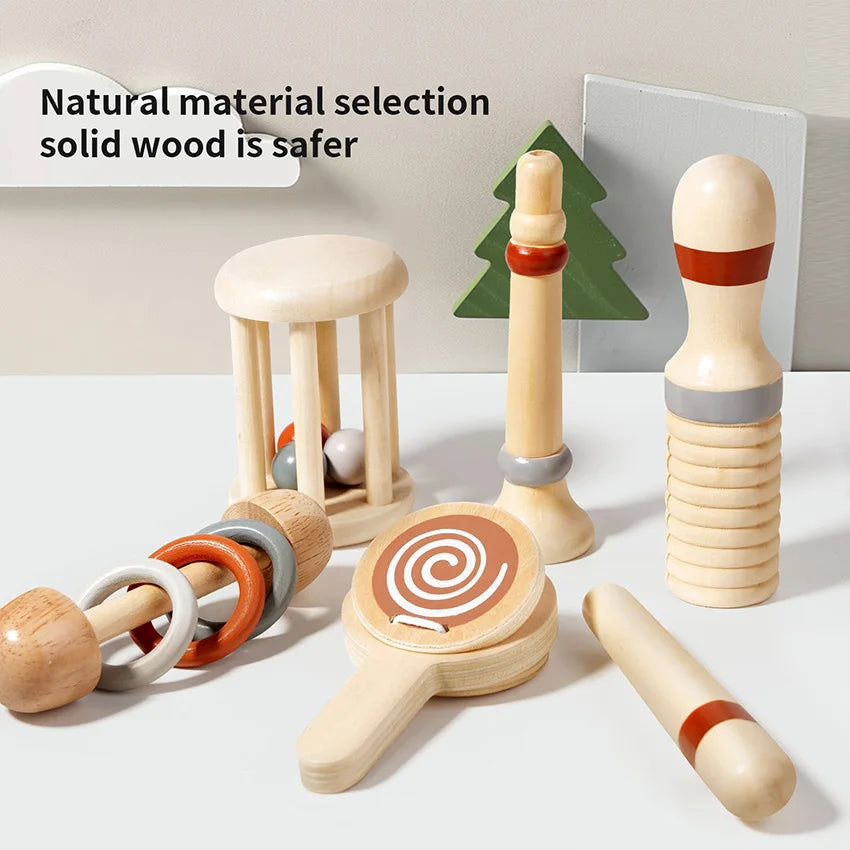 Set of wooden toys on a white surface with a natural material selection text overlay.