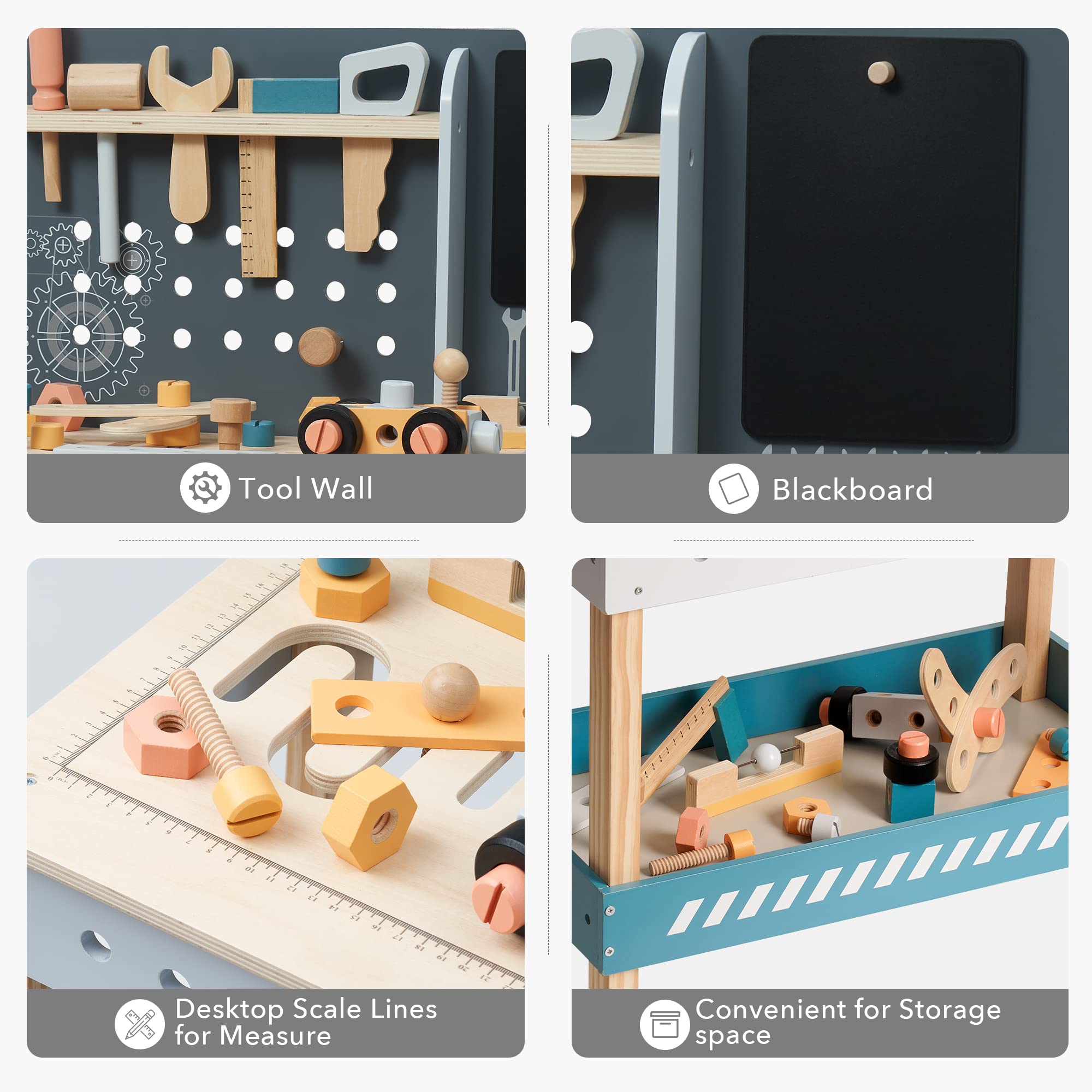 Collage of educational toys and tools with labels on a white background