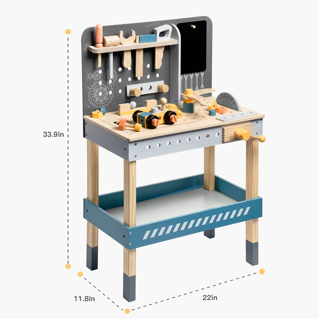 Wooden toy workbench with tools and measurements on a white background