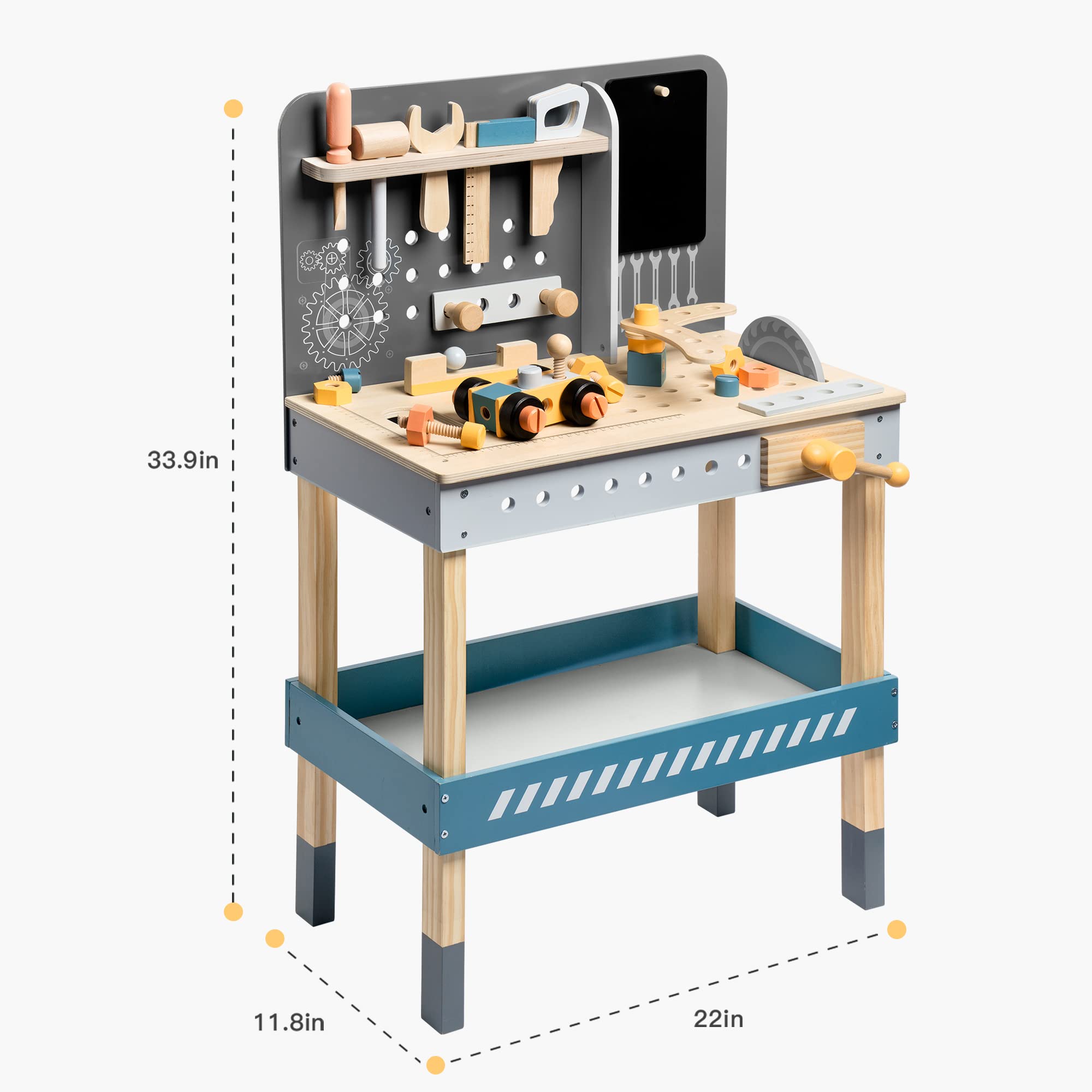 Wooden toy workbench with tools and measurements on a white background