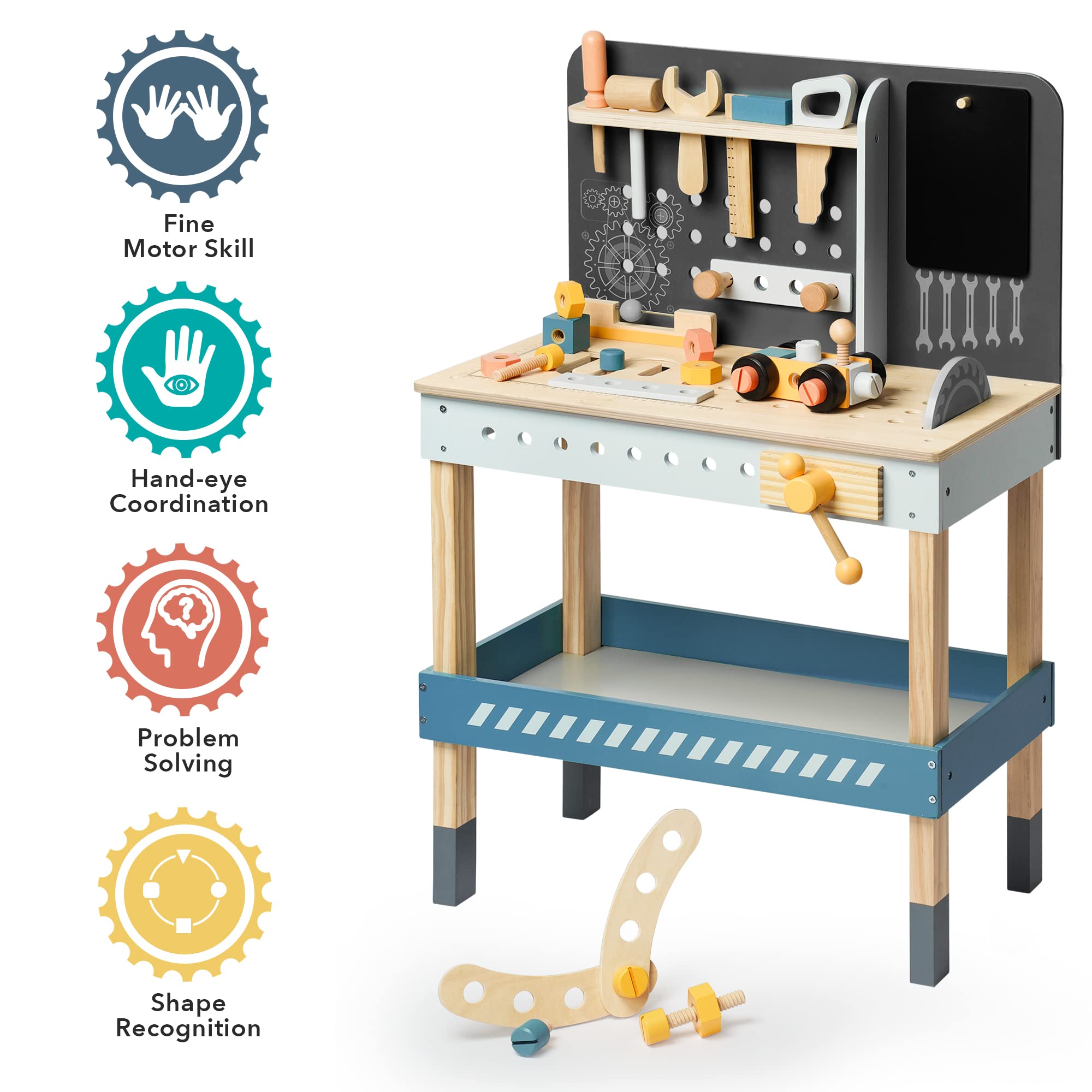 Children's toy workbench with tools and accessories on a white background