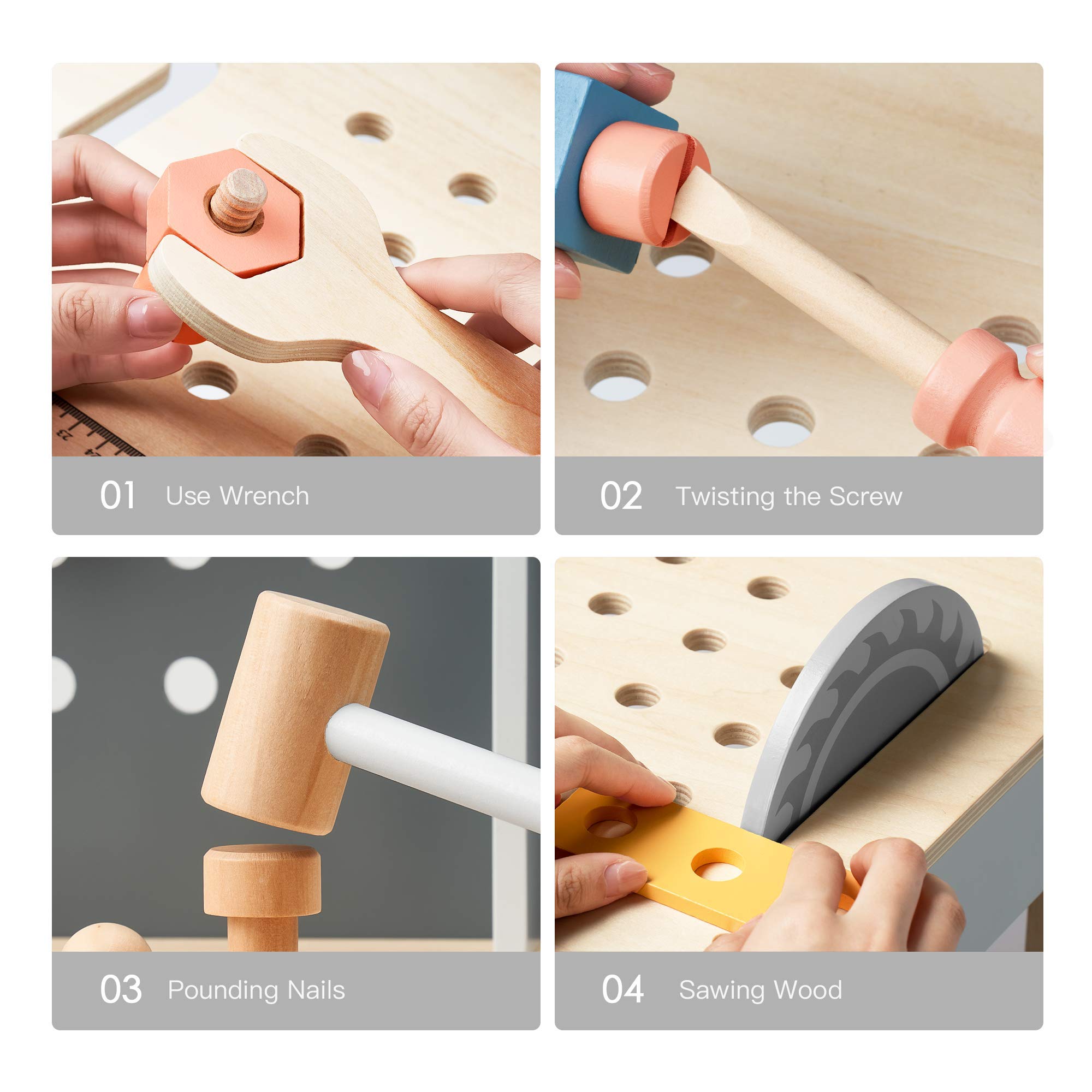 Set of four images showing different tools used on a wooden board, including a wrench, screwdriver, hammer, and saw.