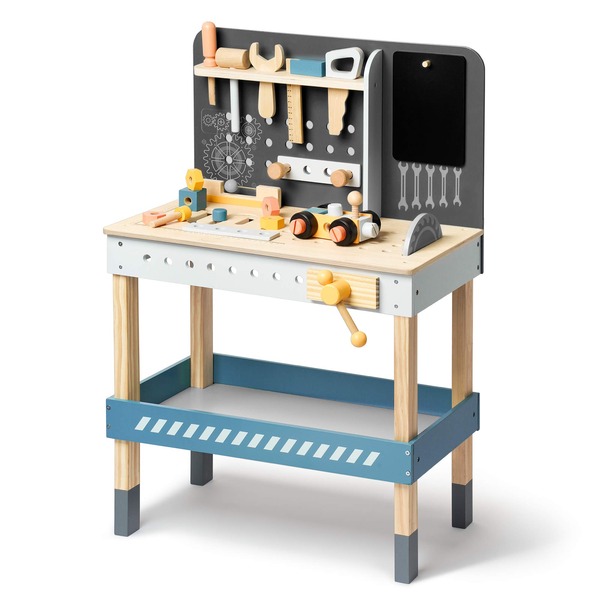 Children's toy workbench with tools and accessories on a white background