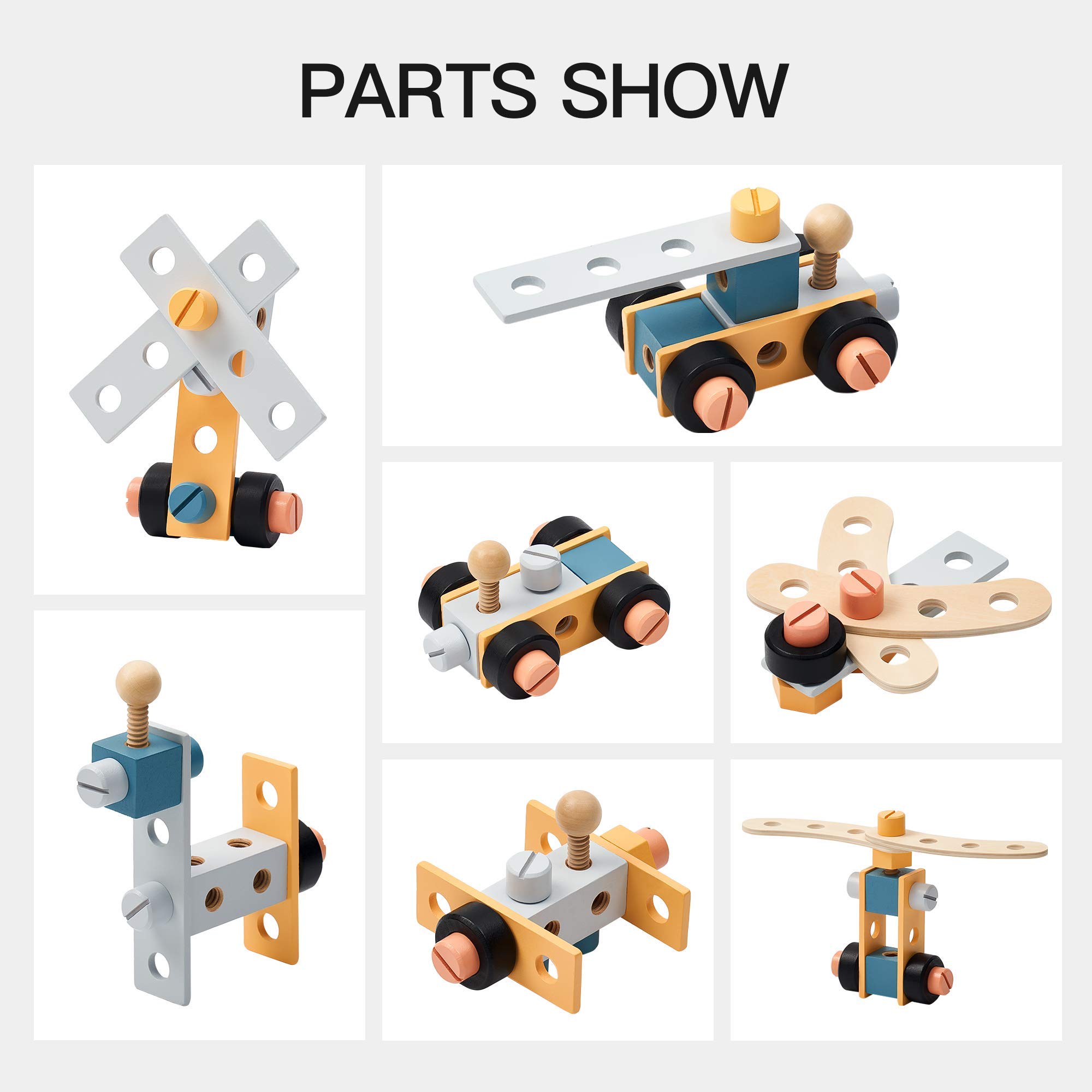Set of mechanical parts and toy car components on a white background with 'PARTS SHOW' text.